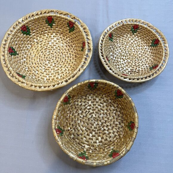 unbranded Other - Set of 3 Woven Wicker Nesting Baskets Rose Floral Decorative